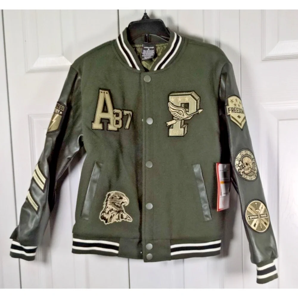 Ring of Fire Boys HANAN Varsity Jacket Patches Olive Green Faux Leather S 8